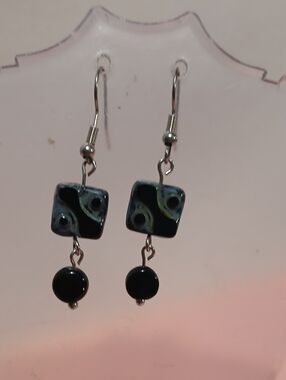 Hand Crafted Black & Gray Glass Drop Earrings with Swirl Accent